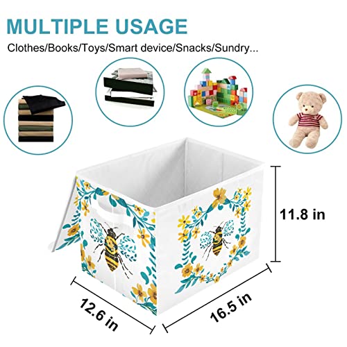 CaTaKu Watercolor Flower Bee Storage Bins with Lids and Handles, Fabric Large Storage Container Cube Basket with Lid Decorative Storage Boxes for Organizing Clothes
