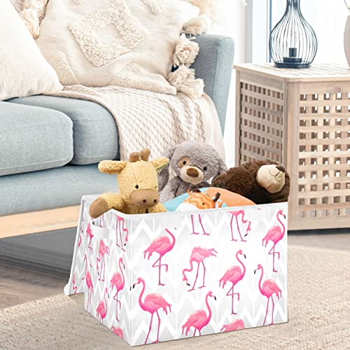 CaTaKu Flamingos Grey Geometric Storage Bins with Lids and Handles, Fabric Large Storage Container Cube Basket with Lid Decorative Storage Boxes for Organizing Clothes