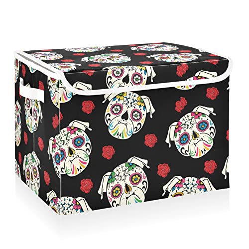 CaTaKu Pug Sugar Skull Storage Bins with Lids and Handles, Fabric Large Storage Container Cube Basket with Lid Decorative Storage Boxes for Organizing Clothes