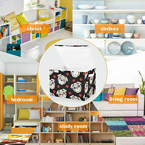 CaTaKu Pug Sugar Skull Storage Bins with Lids and Handles, Fabric Large Storage Container Cube Basket with Lid Decorative Storage Boxes for Organizing Clothes