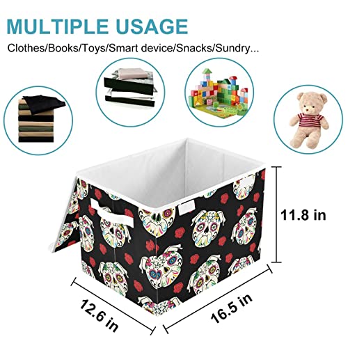 CaTaKu Pug Sugar Skull Storage Bins with Lids and Handles, Fabric Large Storage Container Cube Basket with Lid Decorative Storage Boxes for Organizing Clothes