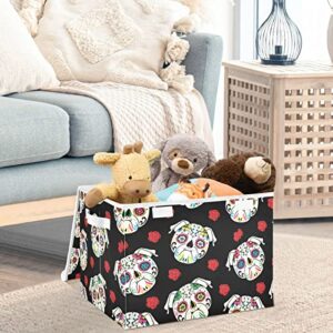 CaTaKu Pug Sugar Skull Storage Bins with Lids and Handles, Fabric Large Storage Container Cube Basket with Lid Decorative Storage Boxes for Organizing Clothes