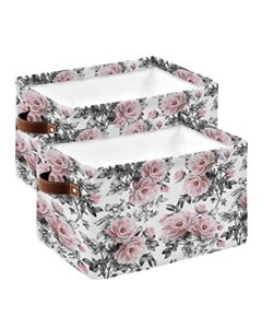 flower art storage bins for organizing, decorative large closet organizers with handles cubes - 2 pack fabric baskets for shelves, closets, laundry, nursery, pink grey vintage roses