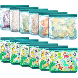 rumia 12 pack reusable food storage bags dinosaur silicone sandwich bags snack bags leakproof freezer bags with zipper travel/home organization waterproof reusable food storage bag