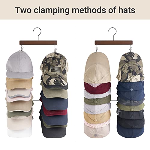 Dahey Hat Organizer for Closet Set of 2 Hat Racks for Baseball Caps Hat Holder Organizer with 32 Stainless Steel Clips, Wooden Cap Holder Hangers Display for Door Closet Storage, Fits All Caps
