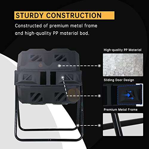 Compost Bin Outdoor Tumbler Compost Dual Chamber 43 Gallon Capacity BPA Free Rotating Batch Composting Tumbler with Sliding Doors All Season Composter for Garden Yard Black