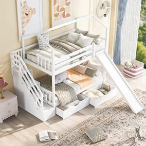 erdaye soild wood twin over twin house bunk bed frame with two drawers, slide and storage staircase,white