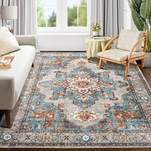 3x5 area rug for living room bedroom: large washable rug with non-slip backing non-shedding stain resistant, farmhouse rug, carpet for dining room nursery home office indoor grey/teal