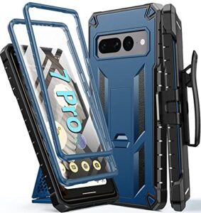 fntcase for google pixel 7-pro phone case: rugged shockproof protective holster clip & kickstand case with built-in screen protector | tough dual layer heavy duty protection cell phone cover (blue)