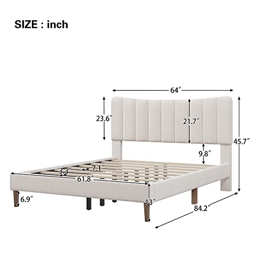 Modern Queen Size Upholstered Bed Frame with Vertical Channel Tufted Headboard, Linen Bed Frame Queen Platform Bed for Bedroom Guest Room w/Solid Wood Slat Support, No Box Spring Needed (Cream, Queen)