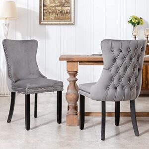 dklgg velvet dining chairs set of 2, upholstered dining room chairs cozy wing-back dinner chairs with backstitching nailhead trim & solid wood legs for kitchen & dining room chairs living room, grey