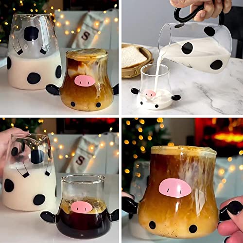 Bedside Water Carafe and Glass Set, 18 OZ Glass Pitcher & 4 OZ Cup, Bedside Night Carafe Pitcher and Water Glass Tumbler Set, Cute Cartoon Cow Glass Water Pitcher with Cup Set for Bedroom (18 oz)