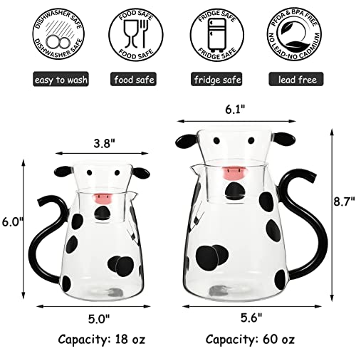 Bedside Water Carafe and Glass Set, 18 OZ Glass Pitcher & 4 OZ Cup, Bedside Night Carafe Pitcher and Water Glass Tumbler Set, Cute Cartoon Cow Glass Water Pitcher with Cup Set for Bedroom (18 oz)
