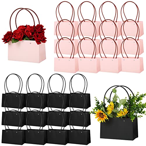 24 Pcs Flower Gift Bags Bouquet Paper Bags with Handle Waterproof Bouquet Gift Box Rectangle Flower Boxes for Arrangements Gift Wrap Bags for Birthday Wedding Holiday Party (Black, Pink)