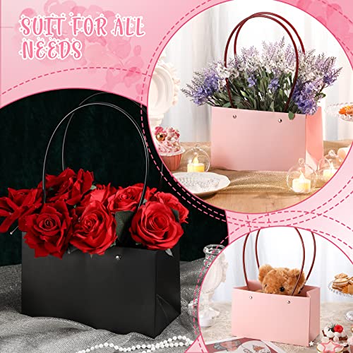 24 Pcs Flower Gift Bags Bouquet Paper Bags with Handle Waterproof Bouquet Gift Box Rectangle Flower Boxes for Arrangements Gift Wrap Bags for Birthday Wedding Holiday Party (Black, Pink)