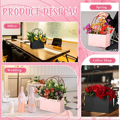 24 Pcs Flower Gift Bags Bouquet Paper Bags with Handle Waterproof Bouquet Gift Box Rectangle Flower Boxes for Arrangements Gift Wrap Bags for Birthday Wedding Holiday Party (Black, Pink)