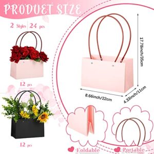 24 Pcs Flower Gift Bags Bouquet Paper Bags with Handle Waterproof Bouquet Gift Box Rectangle Flower Boxes for Arrangements Gift Wrap Bags for Birthday Wedding Holiday Party (Black, Pink)