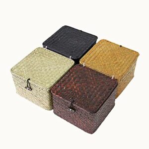 PETSOLA Seaweed Woven Srage, Stackable Ctainer Box with Lid Organizer Closet Drawer, Coffee