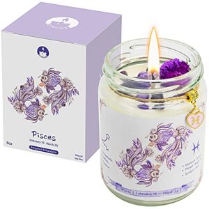 zincge pisces zodiac crystal candle gifts for women, astrology spiritual birthday gifts horoscope natural soy bergamot scented candle with dry flowers and amethyst healing crystals