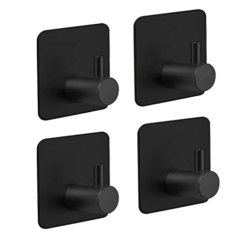 MESTPURER Heavy Duty Stick on Adhesive Wall Hooks for Hanging Towels, Waterproof Stainless Steel Sticky Hooks for Bathroom Shower Kitchen Bathroom Home Door, 4 Packs Black (Black)