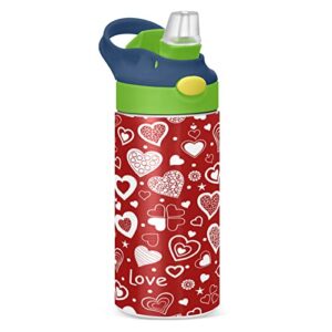 12 oz kids water bottle, valentine's day heart stainless steel vacuum insulated flask with straw lid double wall leakproof thermos reusable toddlers tumbler for school girls boys