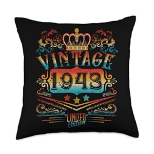 retro vintage 1943 80th birthday 80 year old gifts 80 year old gifts vintage 1943 men women 80th birthday throw pillow, 18x18, multicolor
