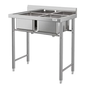 riedhoff stainless steel utility sink with 2 compartments, [wide compartment] commercial kitchen sink for laundry, backyard, garage, restaurant, outdoor -bowl 16" l x 14" w x 9" h