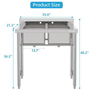 RIEDHOFF Stainless Steel Utility Sink with 2 Compartments, [Wide Compartment] Commercial Kitchen Sink for Laundry, Backyard, Garage, Restaurant, Outdoor -Bowl 16" L x 14" W x 9" H