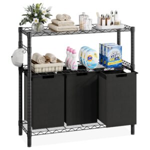 laundry sorters 3 section with 3 x 45l laundry bags, 2 tier adjustable metal storage shelf, pull-out & removable oxford fabric laundry baskets, black