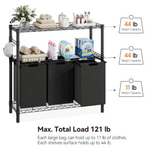 Laundry Sorters 3 Section with 3 X 45L Laundry Bags, 2 Tier Adjustable Metal Storage Shelf, Pull-Out & Removable Oxford Fabric Laundry Baskets, Black