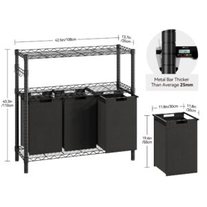 Laundry Sorters 3 Section with 3 X 45L Laundry Bags, 2 Tier Adjustable Metal Storage Shelf, Pull-Out & Removable Oxford Fabric Laundry Baskets, Black