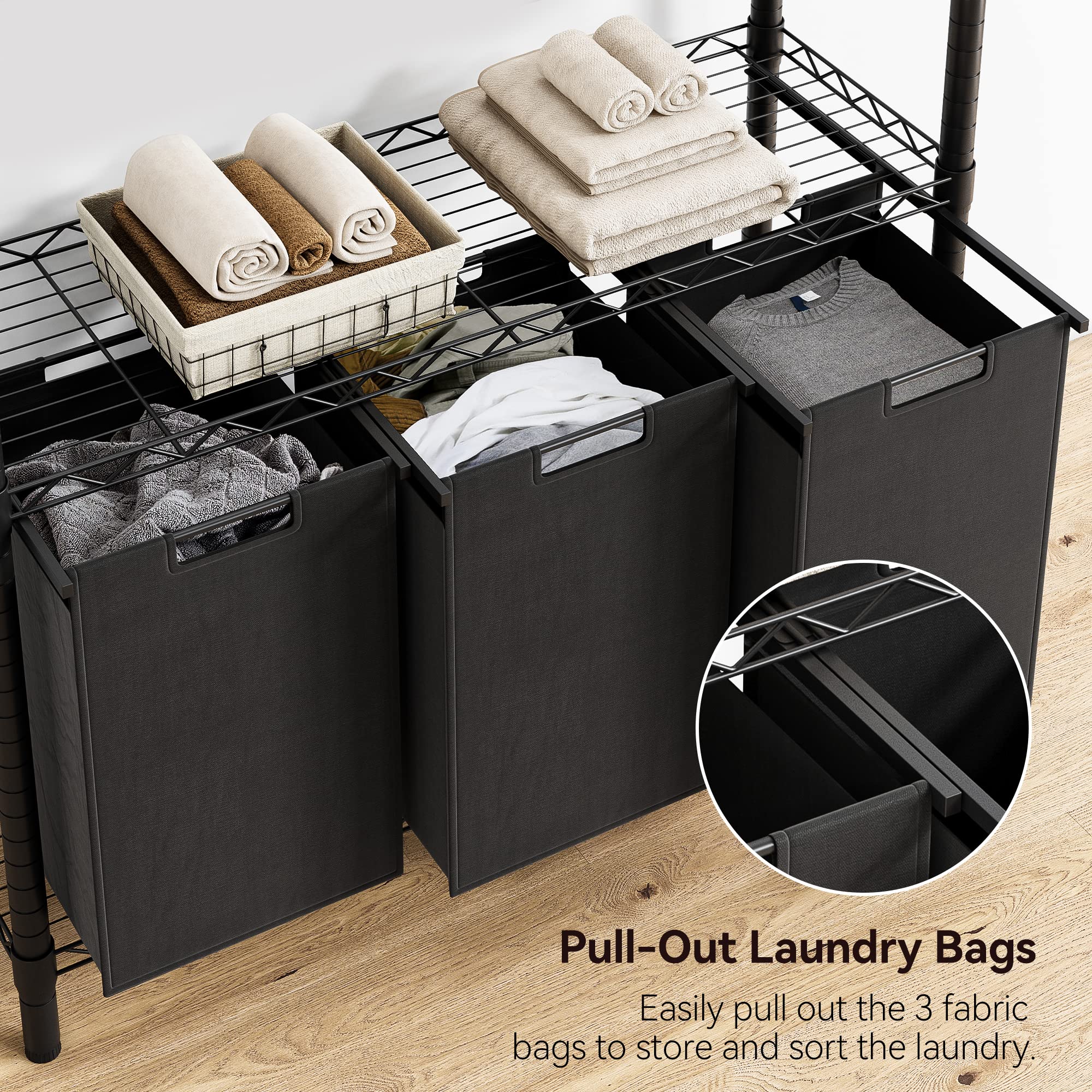 Laundry Sorters 3 Section with 3 X 45L Laundry Bags, 2 Tier Adjustable Metal Storage Shelf, Pull-Out & Removable Oxford Fabric Laundry Baskets, Black