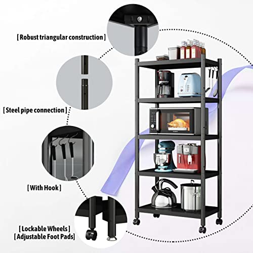 5-Tier Kitchen Bread Rack, Microwave Oven Stand, Kitchen Baker's Rack, Heavy Duty Organizer Rack, Adjustable Utility Storage Shelf for Living Room, Garage, Home and Office (Metal, Black)