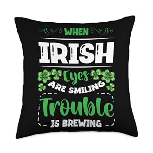 st. patrick gift for men irish shamrock when irish eyes are smiling trouble is brewing st. patricks throw pillow, 18x18, multicolor