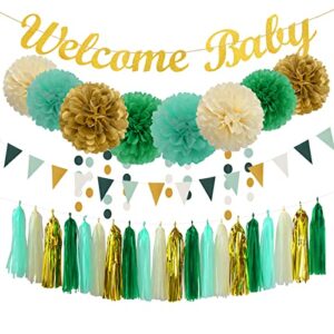 sage-green beige-gold baby shower party-decorations - 31pcs kits gender neutral boy girl welcome baby banner flags,tissue paper pom poms,tassel streamers garland birthday decor panduola