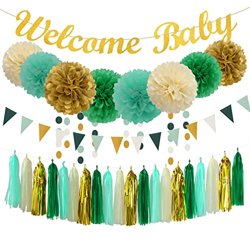 Sage-Green Beige-Gold Baby Shower Party-Decorations - 31pcs Kits Gender Neutral Boy Girl Welcome Baby Banner Flags,Tissue Paper Pom Poms,Tassel Streamers Garland Birthday Decor Panduola