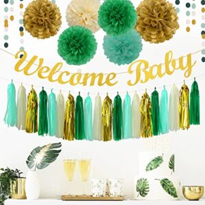 Sage-Green Beige-Gold Baby Shower Party-Decorations - 31pcs Kits Gender Neutral Boy Girl Welcome Baby Banner Flags,Tissue Paper Pom Poms,Tassel Streamers Garland Birthday Decor Panduola