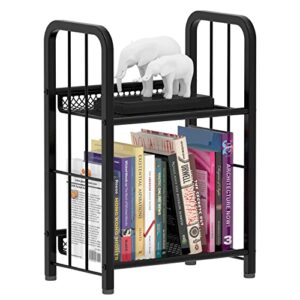 azheruol bookshelf storage shelf bookcase freestanding storage stand for living room, bedroom, kitchen, rust resistance, easy assembly free combination multi-functional organizer (2 tiers, black)