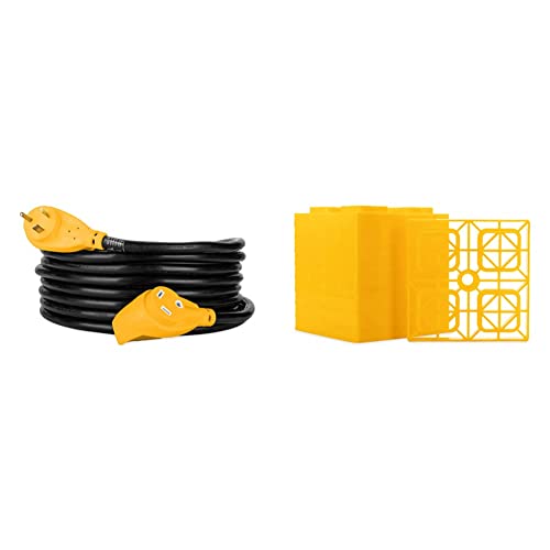 Camco PowerGrip RV Extension Cord | Features Power Grip Handles and an Extremely Flexible Design | 30-Amp, 10-Gauge, 25 Feet (55191) & Heavy-Duty Leveling Blocks | Yellow | 10-Pack (44510)