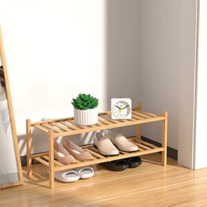 RONGJIA 2-Tier Natural Bamboo Shoe Rack - Stackable Storage Shelf with Multi-Function Combinations - Free Standing Shoe Racks for Convenient Shoe Organization（Natural） 11" D x 27" W x 13" H