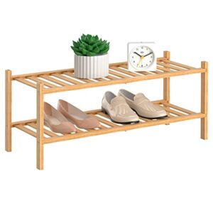 rongjia 2-tier natural bamboo shoe rack - stackable storage shelf with multi-function combinations - free standing shoe racks for convenient shoe organization（natural） 11" d x 27" w x 13" h