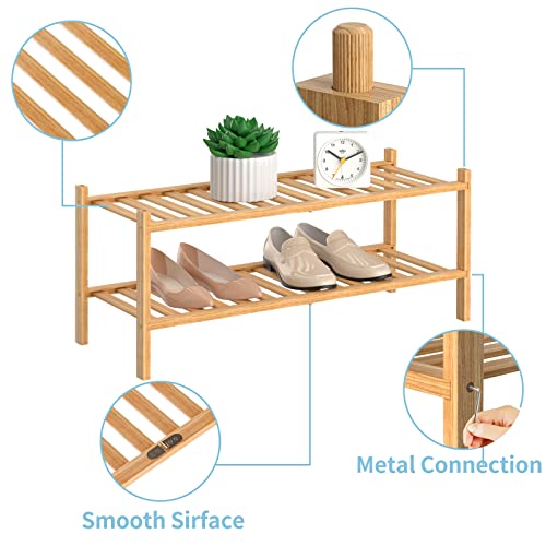 RONGJIA 2-Tier Natural Bamboo Shoe Rack - Stackable Storage Shelf with Multi-Function Combinations - Free Standing Shoe Racks for Convenient Shoe Organization（Natural） 11" D x 27" W x 13" H