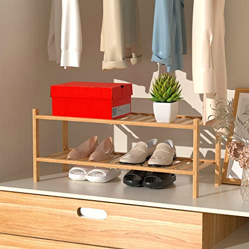 RONGJIA 2-Tier Natural Bamboo Shoe Rack - Stackable Storage Shelf with Multi-Function Combinations - Free Standing Shoe Racks for Convenient Shoe Organization（Natural） 11" D x 27" W x 13" H