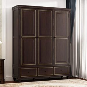 ecacad large wardrobe armoire with 6 compartments, 3 drawers, hanging rod & 3 doors, wooden closet storage cabinet with shelves for bedroom, dark brown (63" w x 18.9" d x 78.7" h)