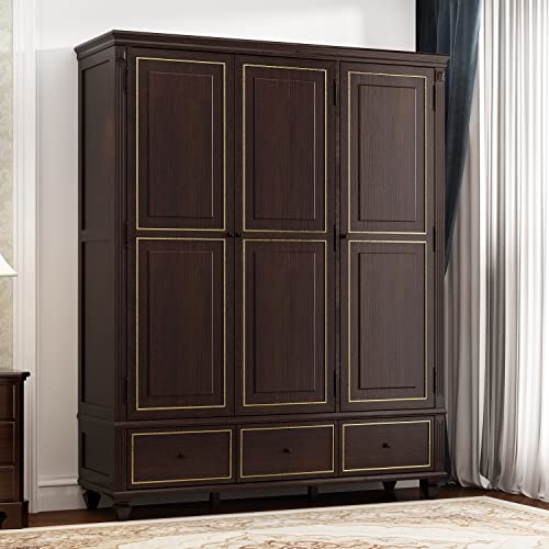 ECACAD Large Wardrobe Armoire with 6 Compartments, 3 Drawers, Hanging Rod & 3 Doors, Wooden Closet Storage Cabinet with Shelves for Bedroom, Dark Brown (63" W x 18.9" D x 78.7" H)