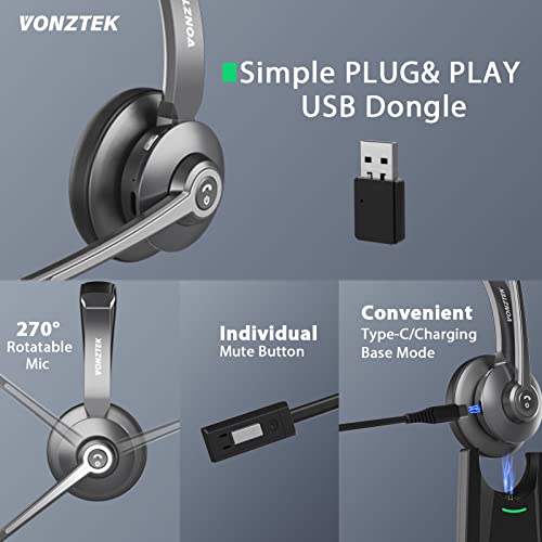 Wireless Headset,Wireless Headphones with Microphone Noise Canceling, v5.3 Bluetooth Headset with Charging Dock & Dongle, Wireless Headset with Microphone for PC,Home/Office-Black/Grey