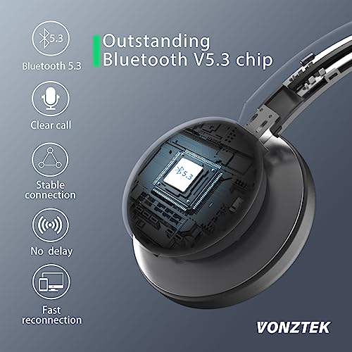 Wireless Headset,Wireless Headphones with Microphone Noise Canceling, v5.3 Bluetooth Headset with Charging Dock & Dongle, Wireless Headset with Microphone for PC,Home/Office-Black/Grey