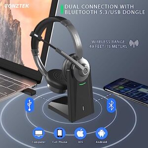 Wireless Headset,Wireless Headphones with Microphone Noise Canceling, v5.3 Bluetooth Headset with Charging Dock & Dongle, Wireless Headset with Microphone for PC,Home/Office-Black/Grey