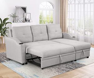 ubgo modular, l-shaped living room furniture sets,pull modern padded upholstered sofa bed, linen fabric 3 seater storage chaise and cup holder, couch for small spaces,gray