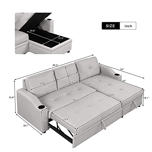 UBGO Modular, L-Shaped Living Room Furniture Sets,Pull Modern Padded Upholstered Sofa Bed, Linen Fabric 3 Seater Storage Chaise and Cup Holder, Couch for Small Spaces,Gray